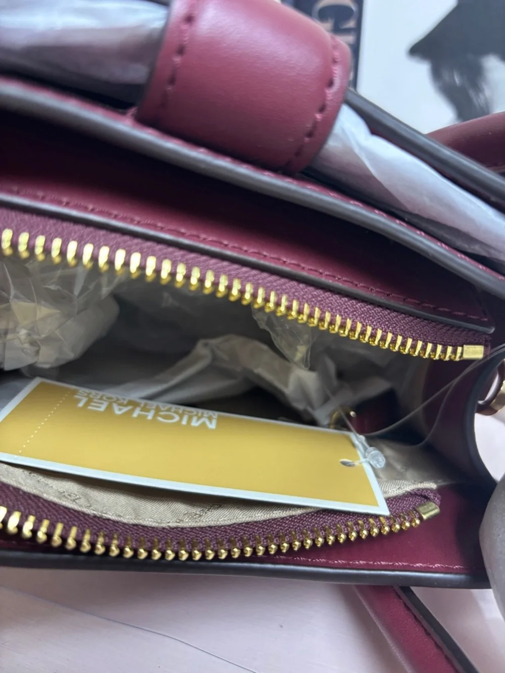 Michael Kors Wine Leather Top-Handle Satchel with Gold‎ MK Emblem